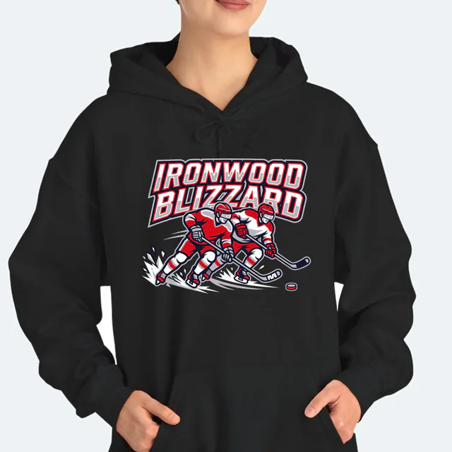 Two hockey players racing for the puck, IRONWOOD BLIZZARD, on a black adult hoodie