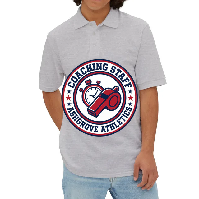 A whistle and stopwatch emblem for the Ashgrove coaching staff, on an athletic heather adult polo