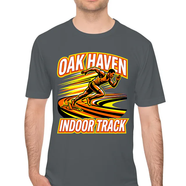 A sprinter leaving the blocks for Oak Haven indoor track, on an iron gray performance tee