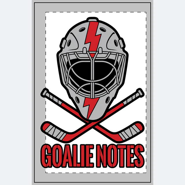A lightning-striped goalie mask over GOALIE NOTES, on a white dotted notebook