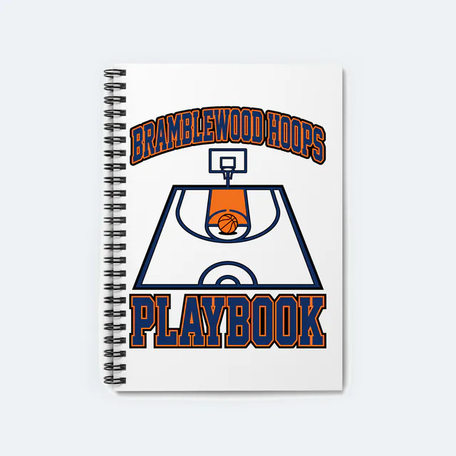 A half-court diagram for the Bramblewood Hoops playbook, on a white spiral notebook