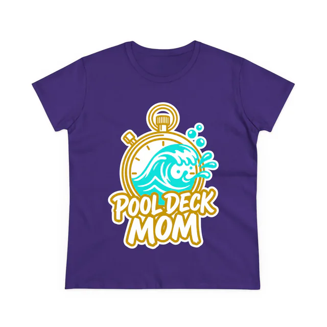 A stopwatch spilling a wave over POOL DECK MOM, on a purple women's t-shirt