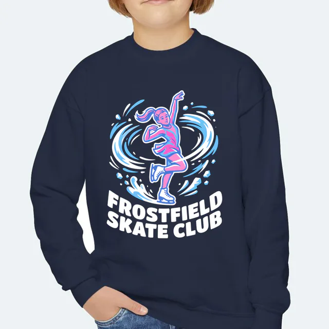 A figure skater mid-spin for the Frostfield Skate Club, on a navy youth crewneck