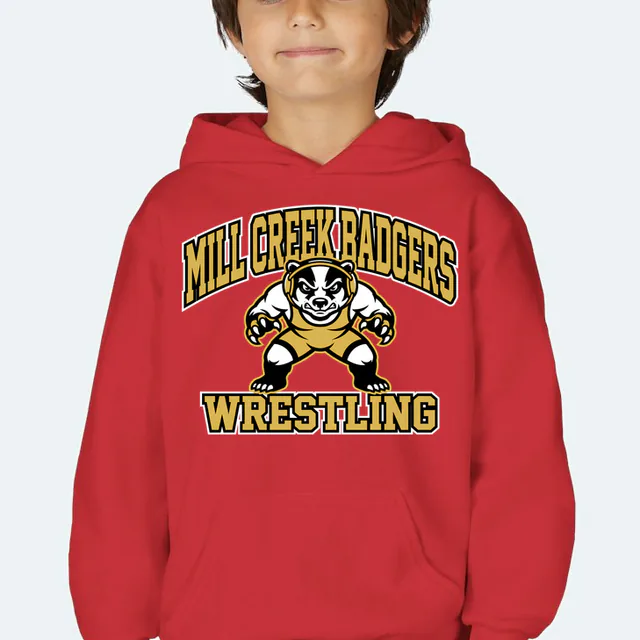 A badger in a wrestling stance for the Mill Creek Badgers, on a red youth hoodie