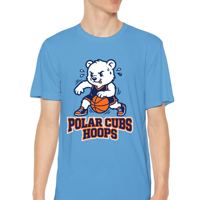 A polar bear cub dribbling for POLAR CUBS HOOPS, on a carolina blue youth performance tee
