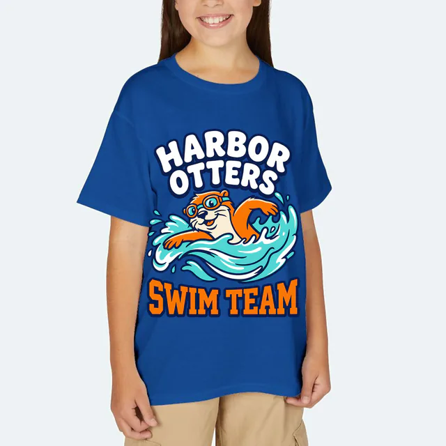 An otter in goggles mid-stroke for the Harbor Otters swim team, on a royal youth t-shirt