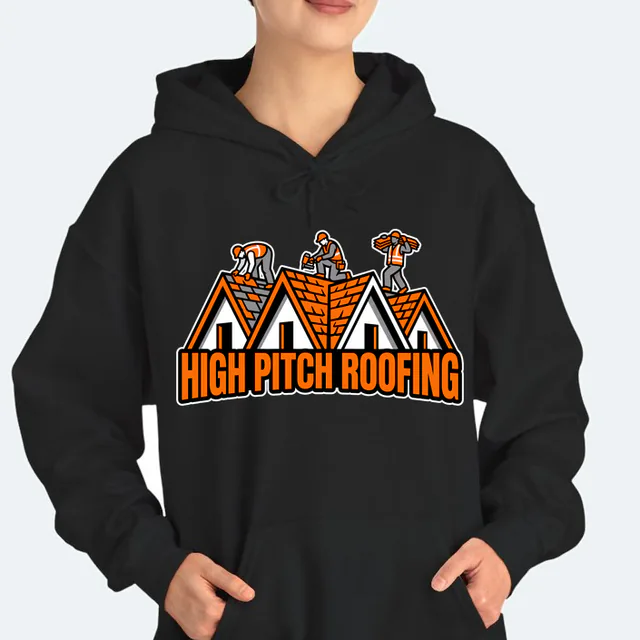 A crew laying shingles on steep roofs, HIGH PITCH ROOFING, on a black adult hoodie