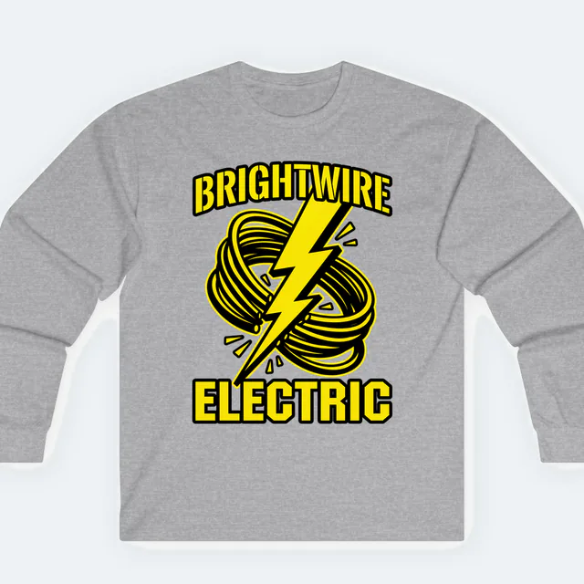 BRIGHTWIRE ELECTRIC, a lightning bolt through a coil of wire, on a sport gray adult long sleeve