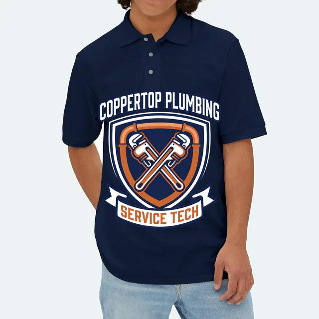 Crossed pipe wrenches on a crest, COPPERTOP PLUMBING, on a navy adult polo