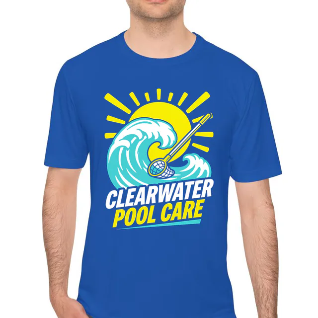 A skimmer net in a curling wave, CLEARWATER POOL CARE, on a royal performance tee