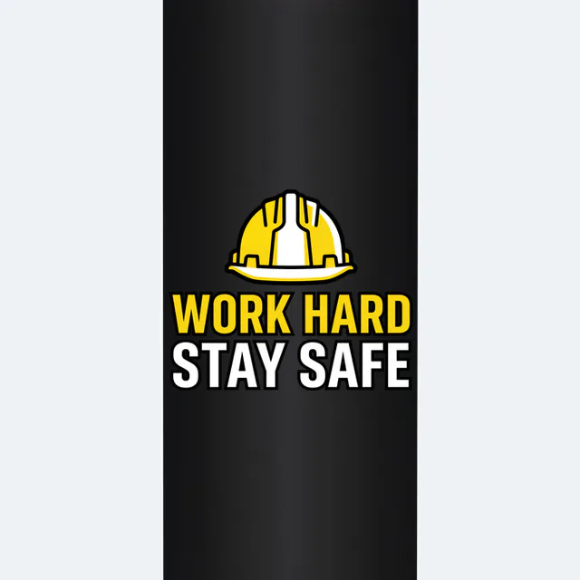A safety helmet over WORK HARD, STAY SAFE, on a black steel tumbler