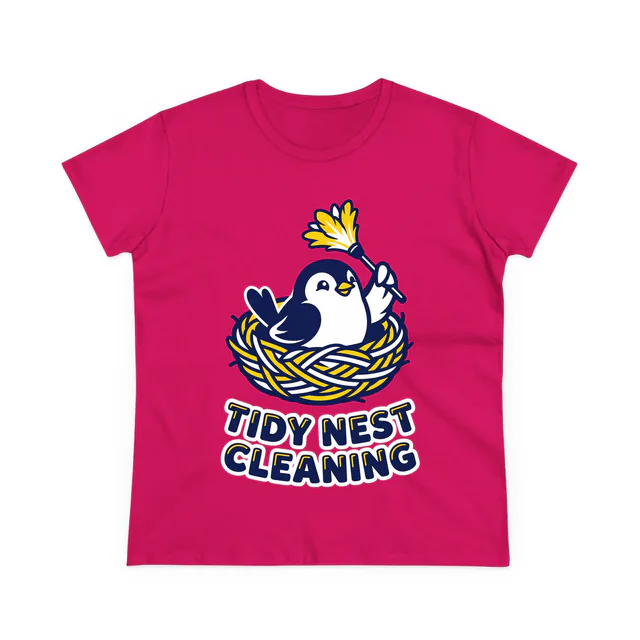 A bird in a nest with a feather duster, TIDY NEST CLEANING, on a heliconia women's t-shirt