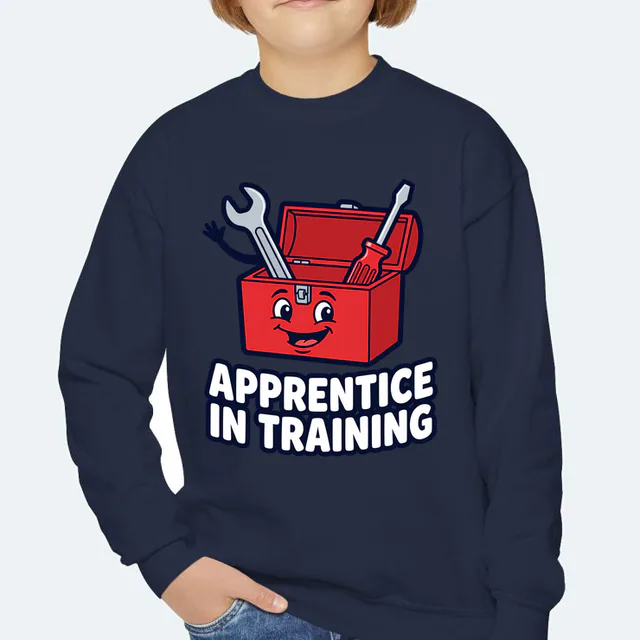 A toolbox waving a wrench, APPRENTICE IN TRAINING, on a navy youth crewneck