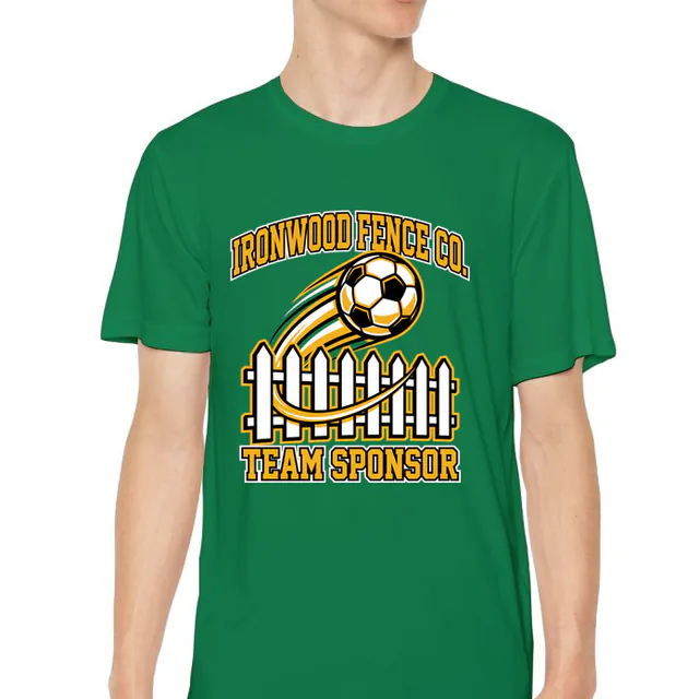 A soccer ball clearing a picket fence, TEAM SPONSOR, on a kelly green youth performance tee