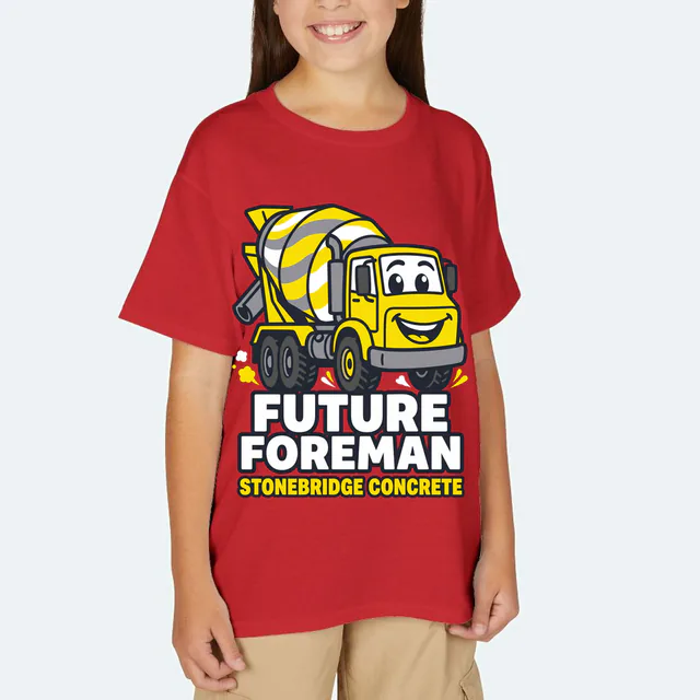 A smiling cement mixer, FUTURE FOREMAN, on a red youth t-shirt