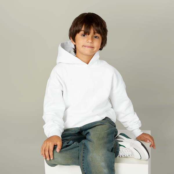 Gildan 18500B youth hoodie worn, front view