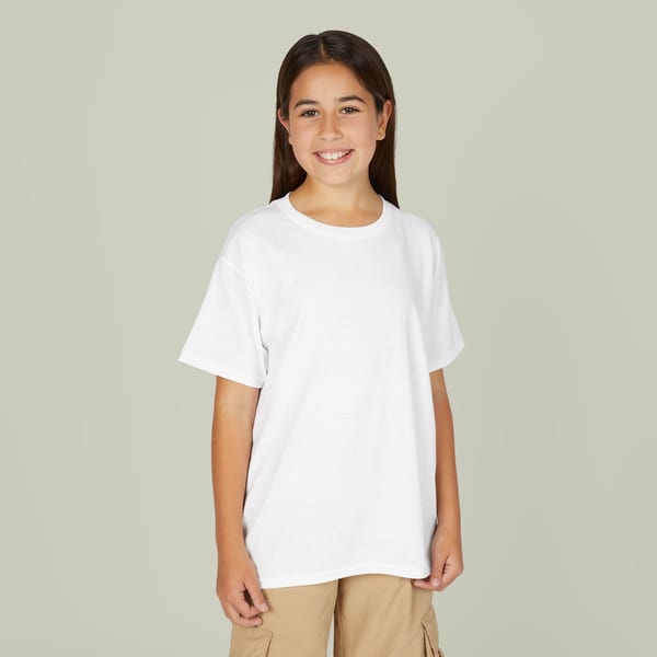 Gildan 8000B youth t-shirt worn, front view