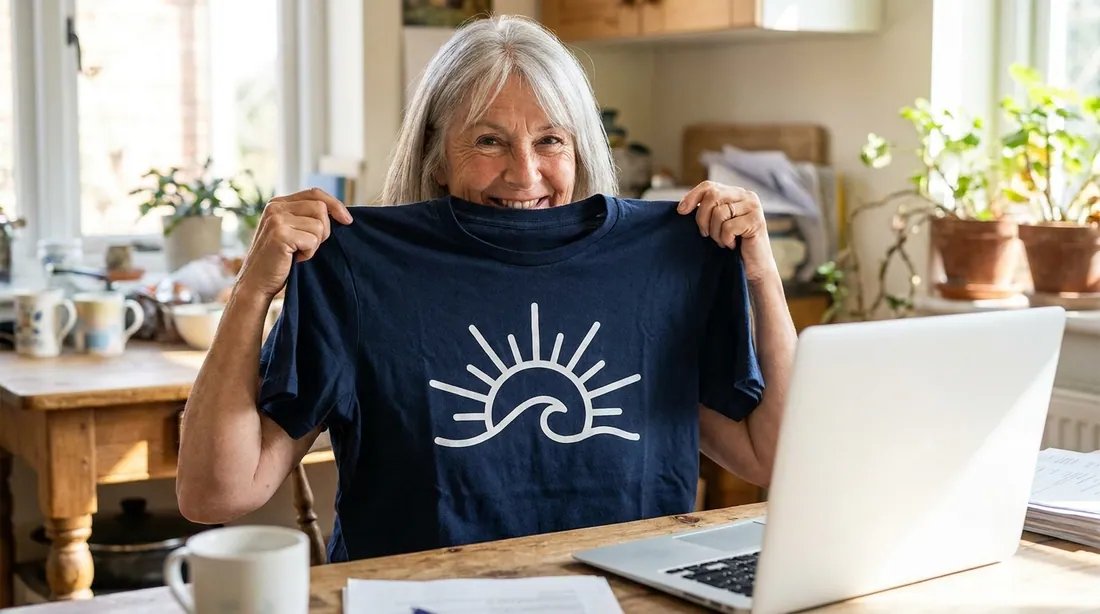 A woman holding up a freshly printed navy t-shirt at her kitchen table, admiring the finished design