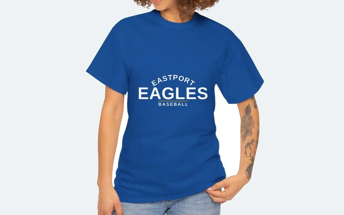 A royal blue adult t-shirt printed with an Eastport Eagles baseball design