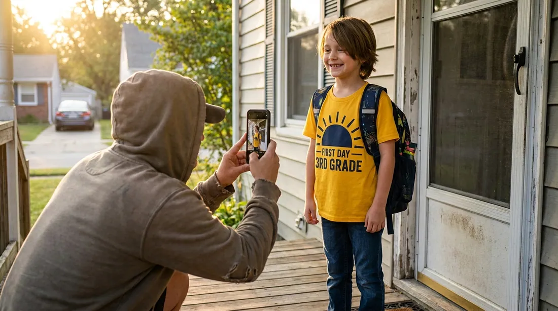 A parent photographing a kid on the porch on the first day of school, wearing a first-day shirt