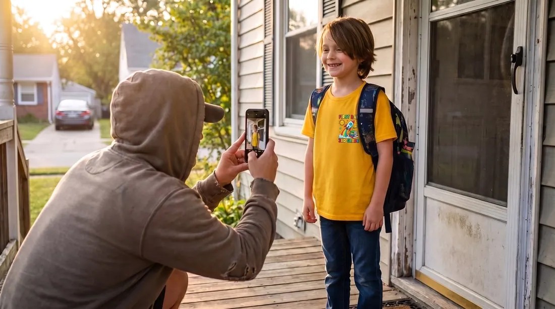 A parent photographing a kid on the porch on the first day of school, wearing a first-day shirt