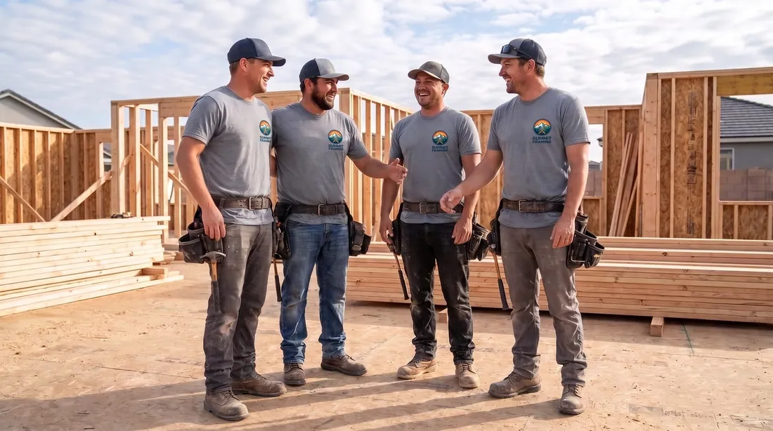 Four framers in tool belts and caps laughing on the deck of a house going up, all in matching Summit Framing shirts