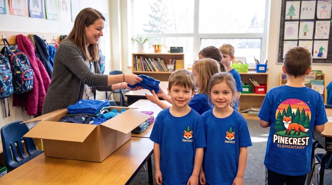 A teacher handing out shirts from a box of mixed sizes to students, one turned to show the back mascot design