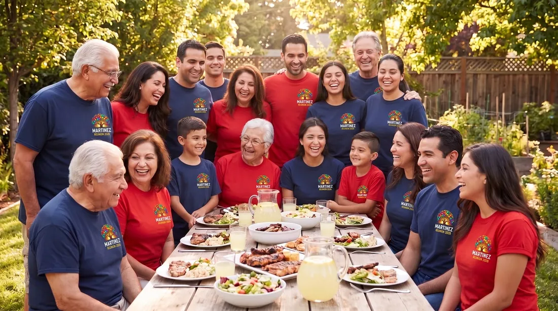A multi-generational family gathered at a backyard picnic in matching reunion shirts