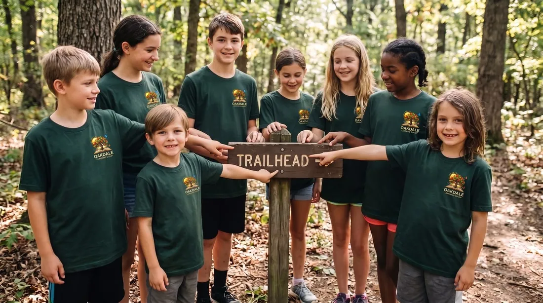 A mixed-age group of homeschool kids on a nature-center field trip in matching co-op shirts