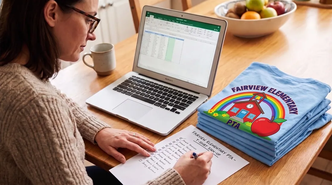 A parent at a kitchen table with a laptop, sign-up sheet, and a stack of folded PTA shirts