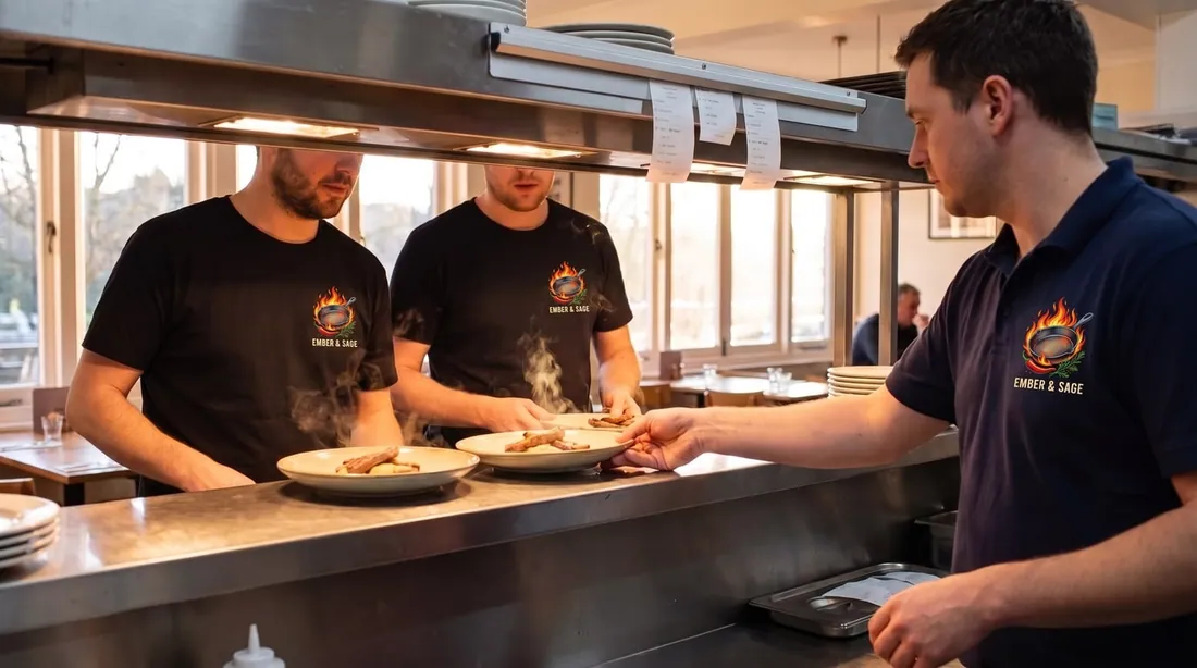 Cooks in matching black tees handing plates across the pass to a server in a navy polo with the same logo