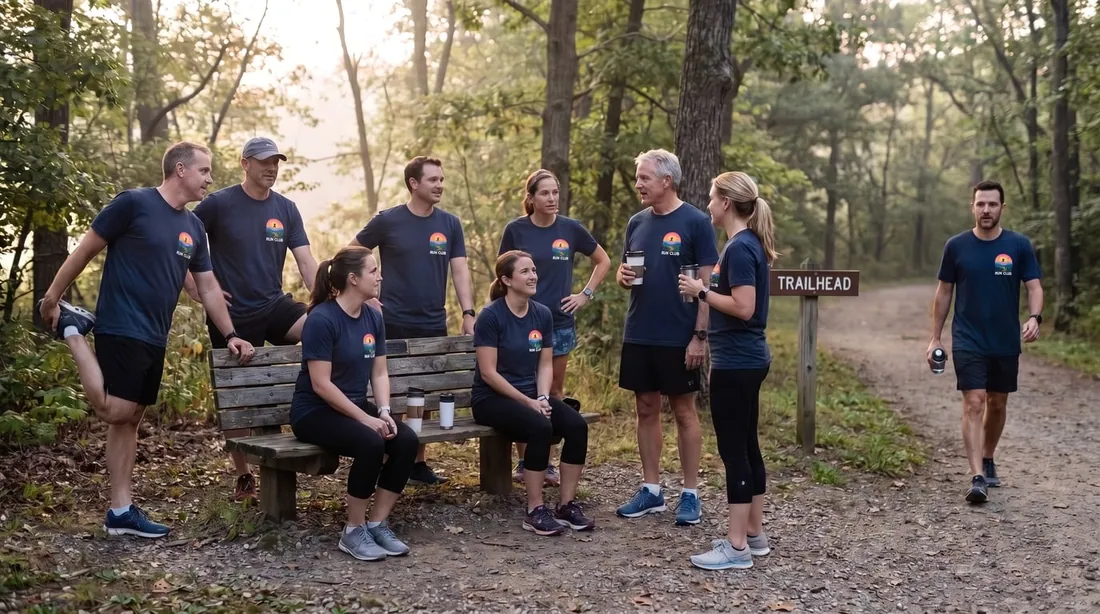 Adult running club members in matching navy tees stretching and chatting over coffee at a trailhead bench in the morning woods