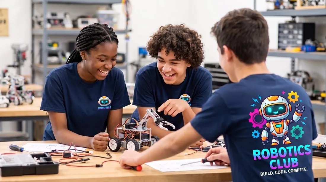 Teens gathered around a robot on a workshop table, wearing matching club t-shirts
