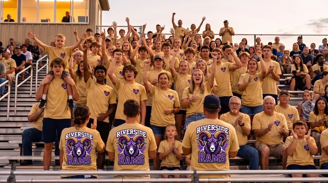 A packed set of bleachers at a night game, a crowd of all ages in matching gold spirit shirts