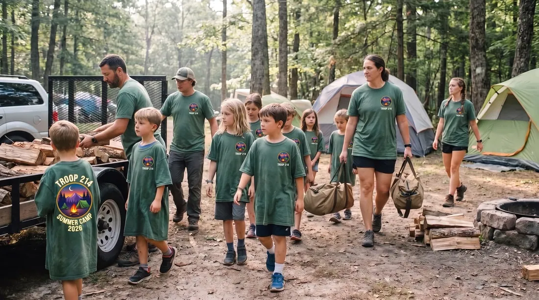 Kids and adult leaders in matching green camp shirts hauling gear and firewood at a wooded campsite with tents