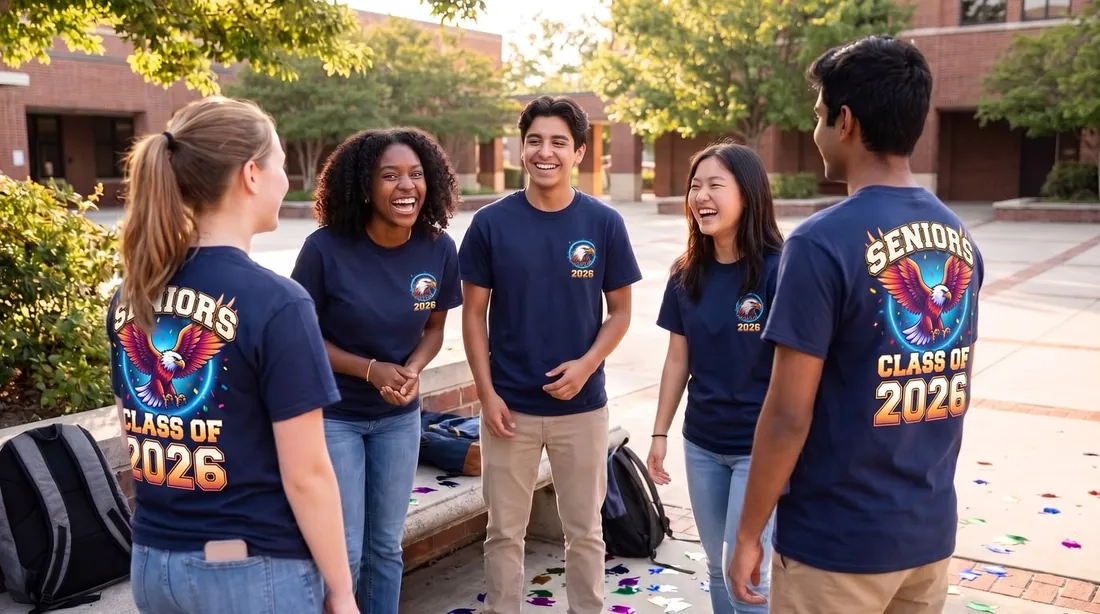 A group of laughing high school seniors in a courtyard, wearing matching Class of 2026 shirts
