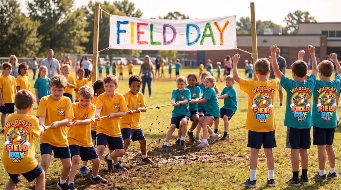 Two teams of kids in solid-color shirts playing tug-of-war on a school field day