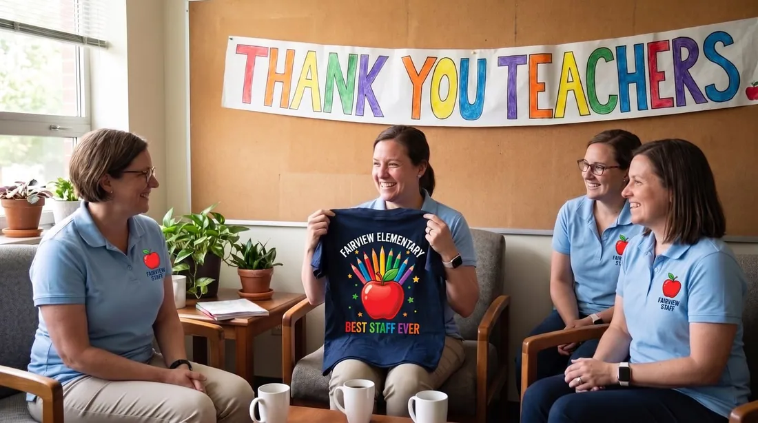Smiling elementary school teachers in a lounge, wearing matching staff polos, during teacher appreciation week
