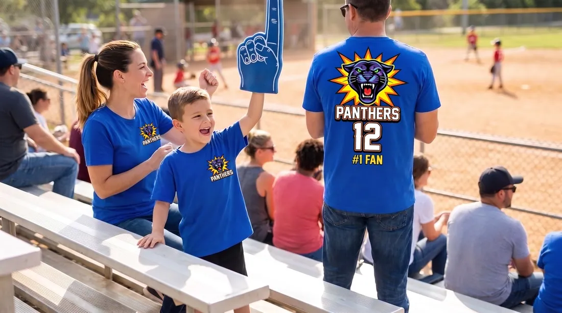 A family cheering from bleachers at a youth game in matching fan shirts