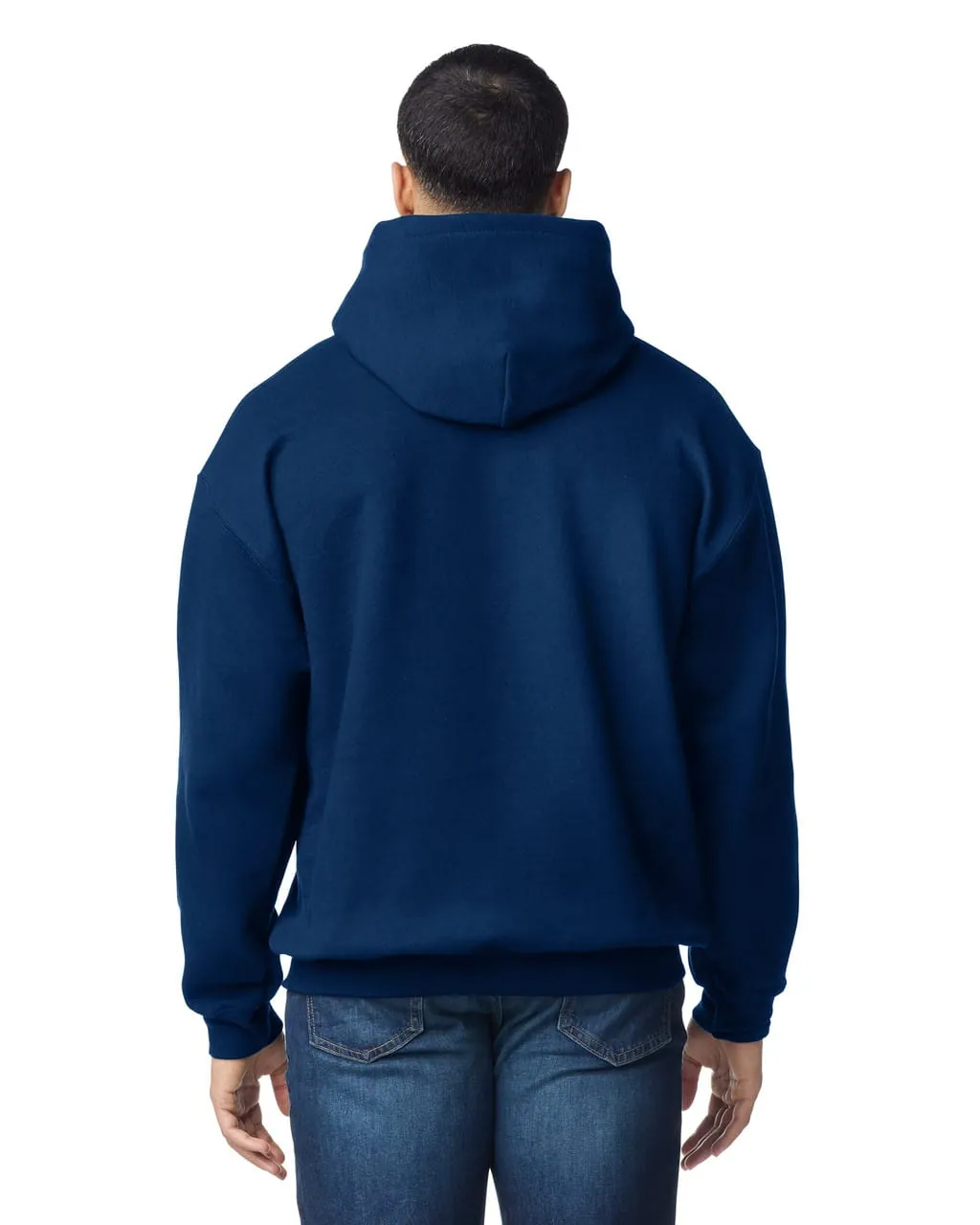 Adult Hoodie in Navy, back view, worn