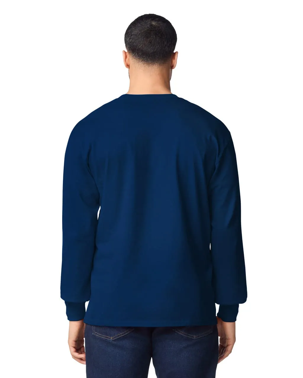 Adult Long Sleeve in Navy, back view, worn