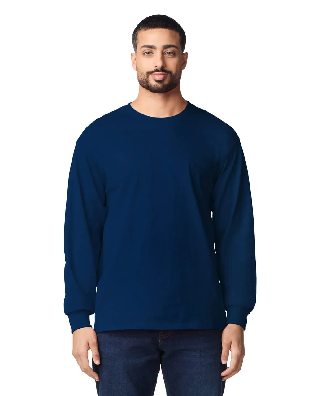 Adult Long Sleeve in Navy, front view, worn