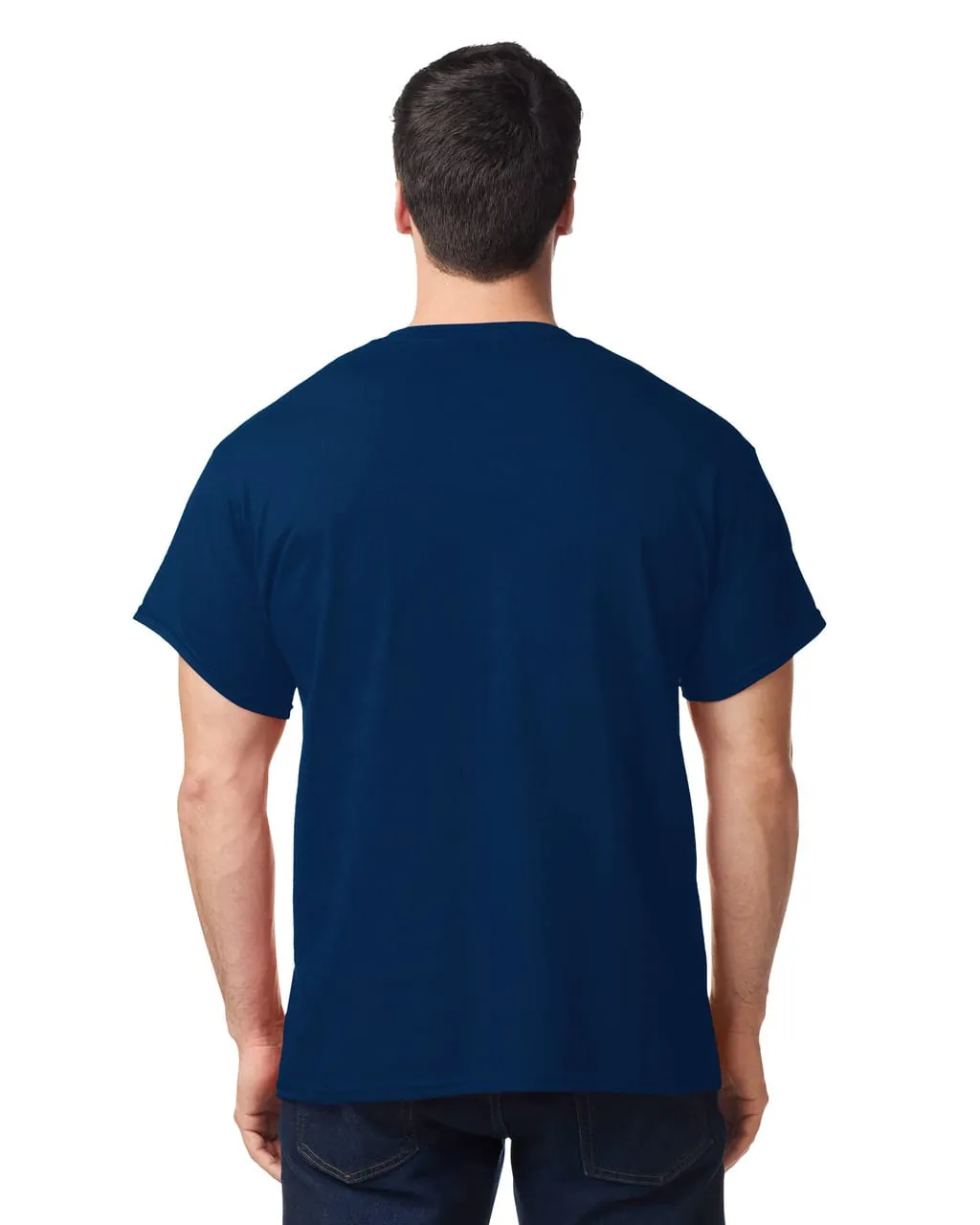 Adult T-Shirt in Navy, back view, worn
