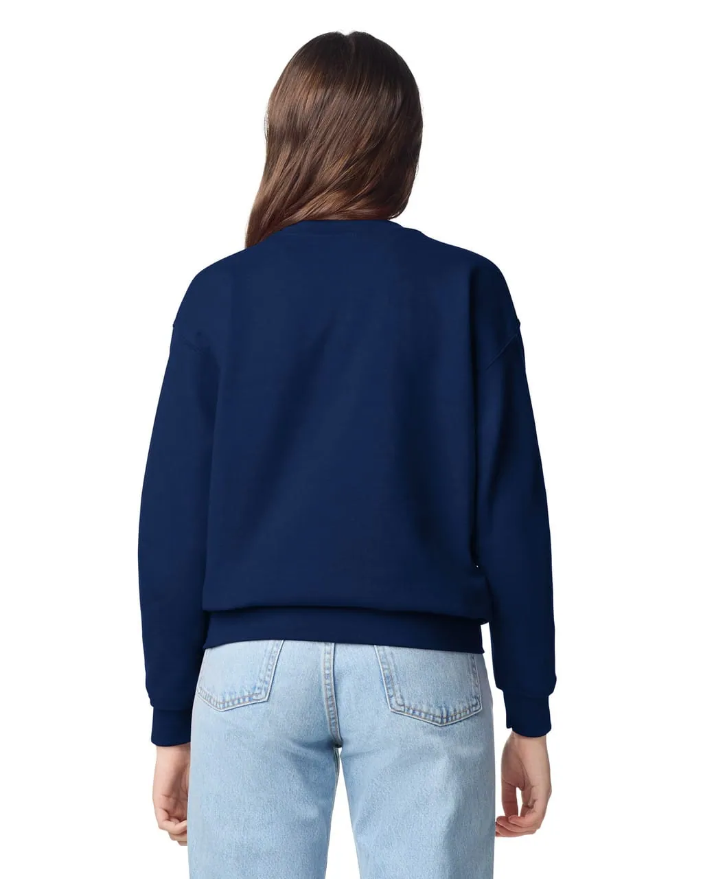 Youth Crewneck in Navy, back view, worn