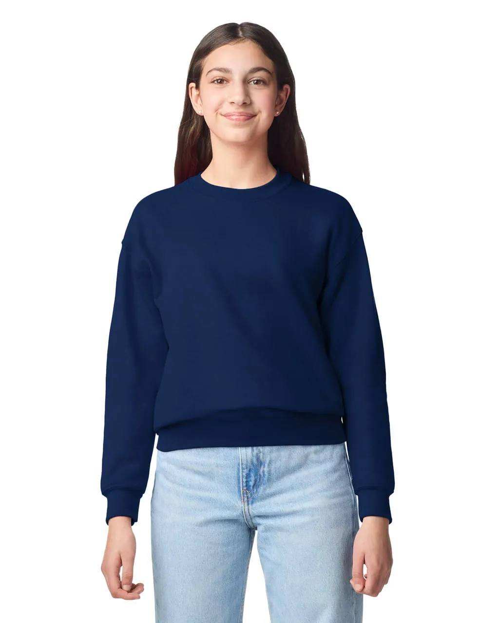 Youth Crewneck in Navy, front view, worn