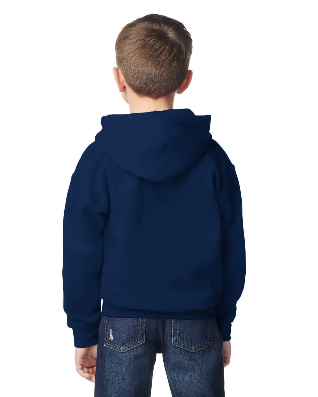 Youth Hoodie in Navy, back view, worn