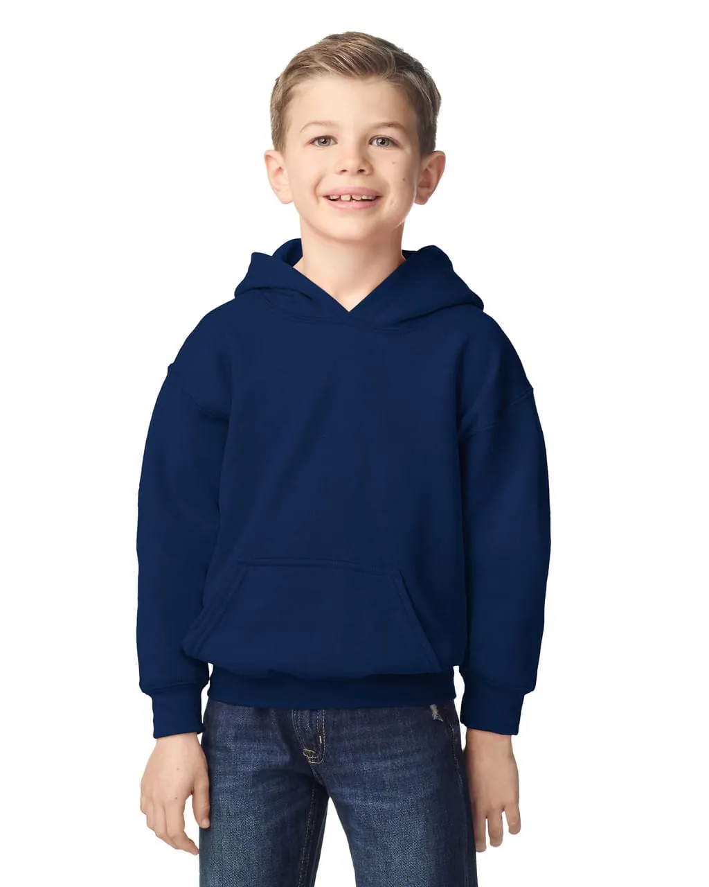 Youth Hoodie in Navy, front view, worn