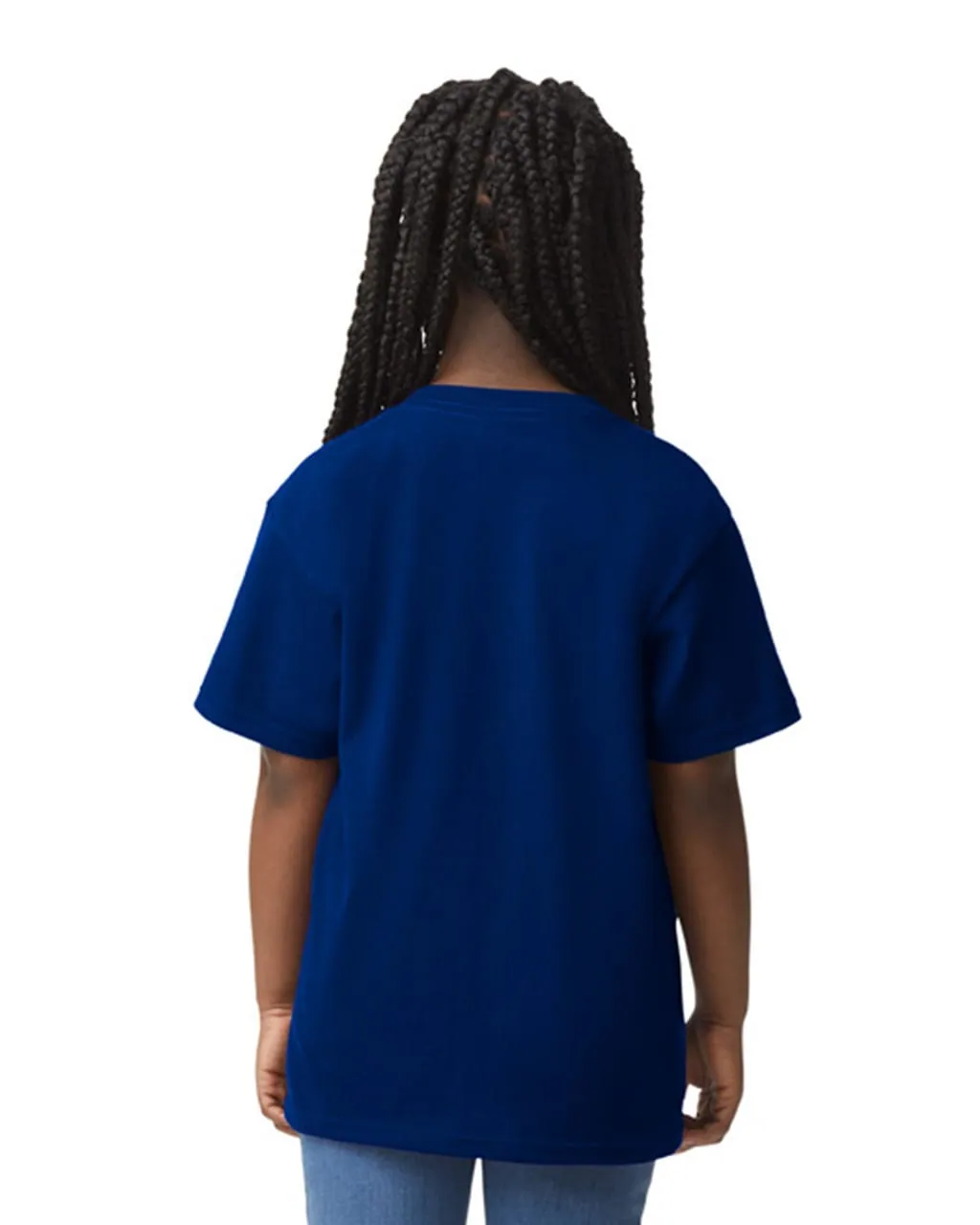 Youth T-Shirt in Navy, back view, worn