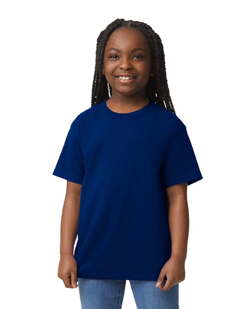 Youth T-Shirt in Navy, front view, worn