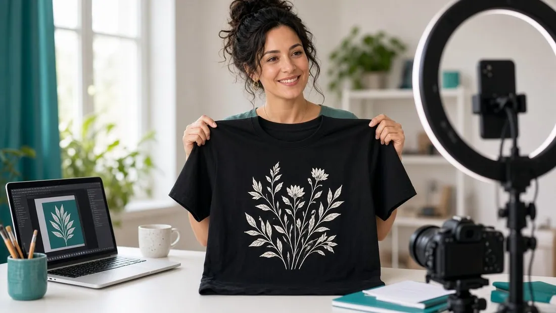 A creator at a home desk holding up a custom printed shirt
